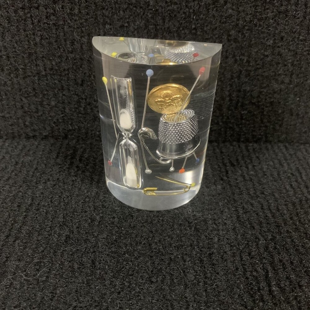 Vintage Lucite Exploding Sewing Kit Hourglass Paperweight